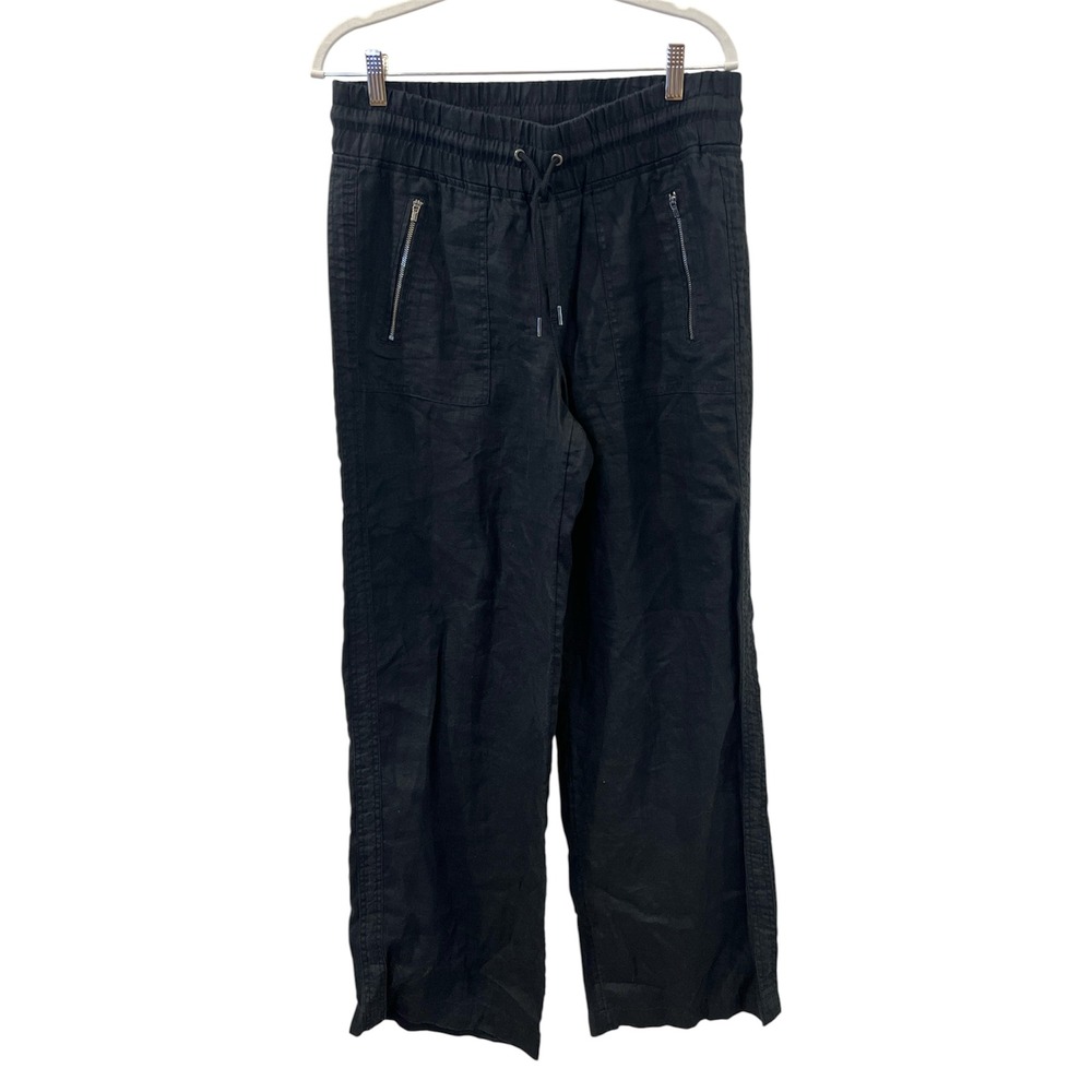 Athleta Pants Cabo Linen Wide Leg Pant Black Zip Pockets Sz 10 TALL